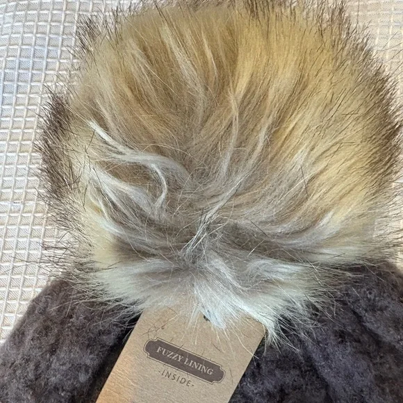 C.C Brown Knit Beanie with Faux Fur Pom - Picture 6 of 14